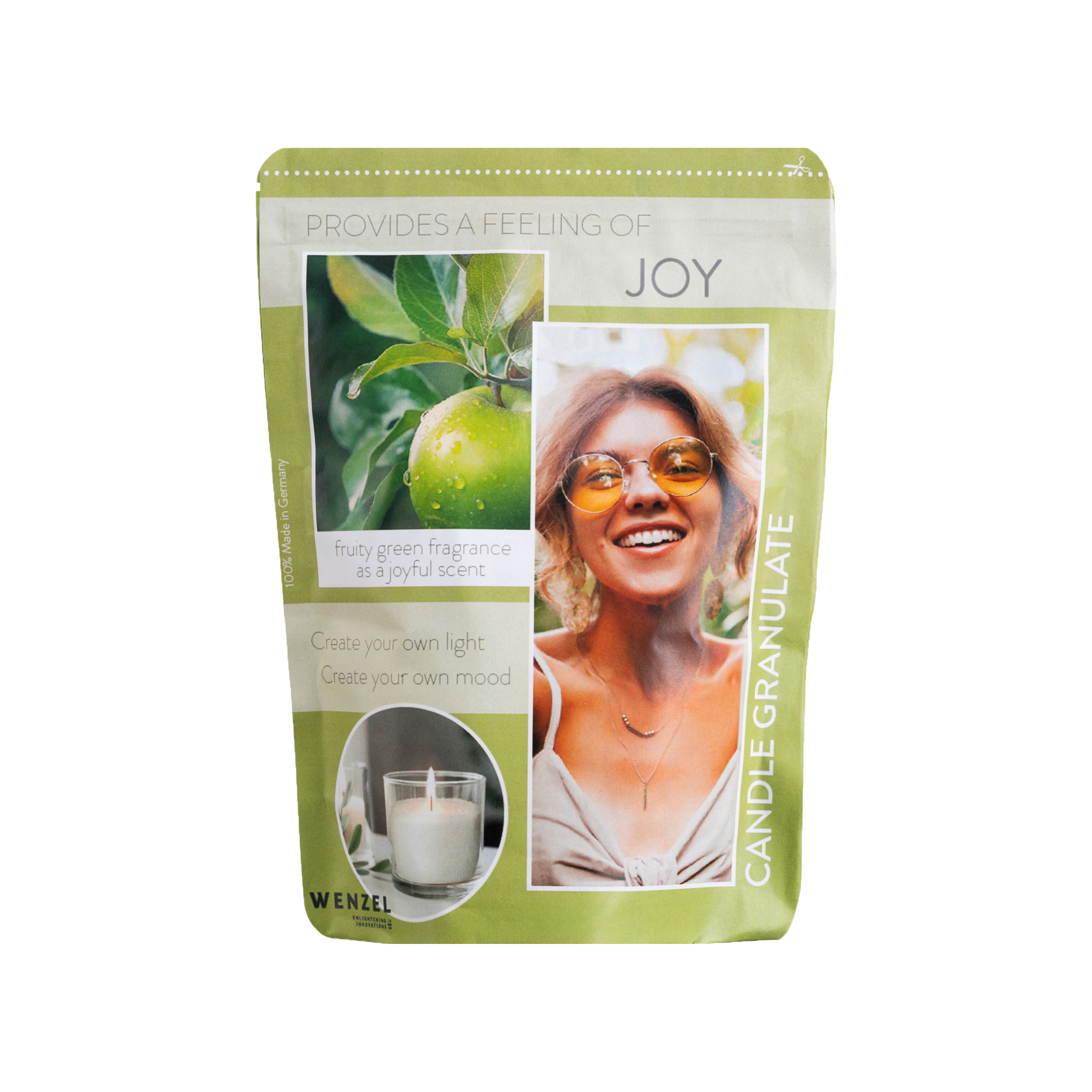 WENZEL Kerzengranulat 400 g Joy mit 4 Dochten, Kerzengranulat Joy 400g von WENZEL für DIY Kerzen, WENZEL Duft Kerzengranulat 400 g Joy zum Kerzen selber machen, Kerzengranulat 400 g Joy Set inklusive Docht und Halter, Detailaufnahme WENZEL Kerzengranulat Joy Wachsgranulat Struktur, DIY Kerzen im Glas mit WENZEL Kerzengranulat 400 g Joy, Kerzenzubehör WENZEL Kerzengranulat Joy 400g
