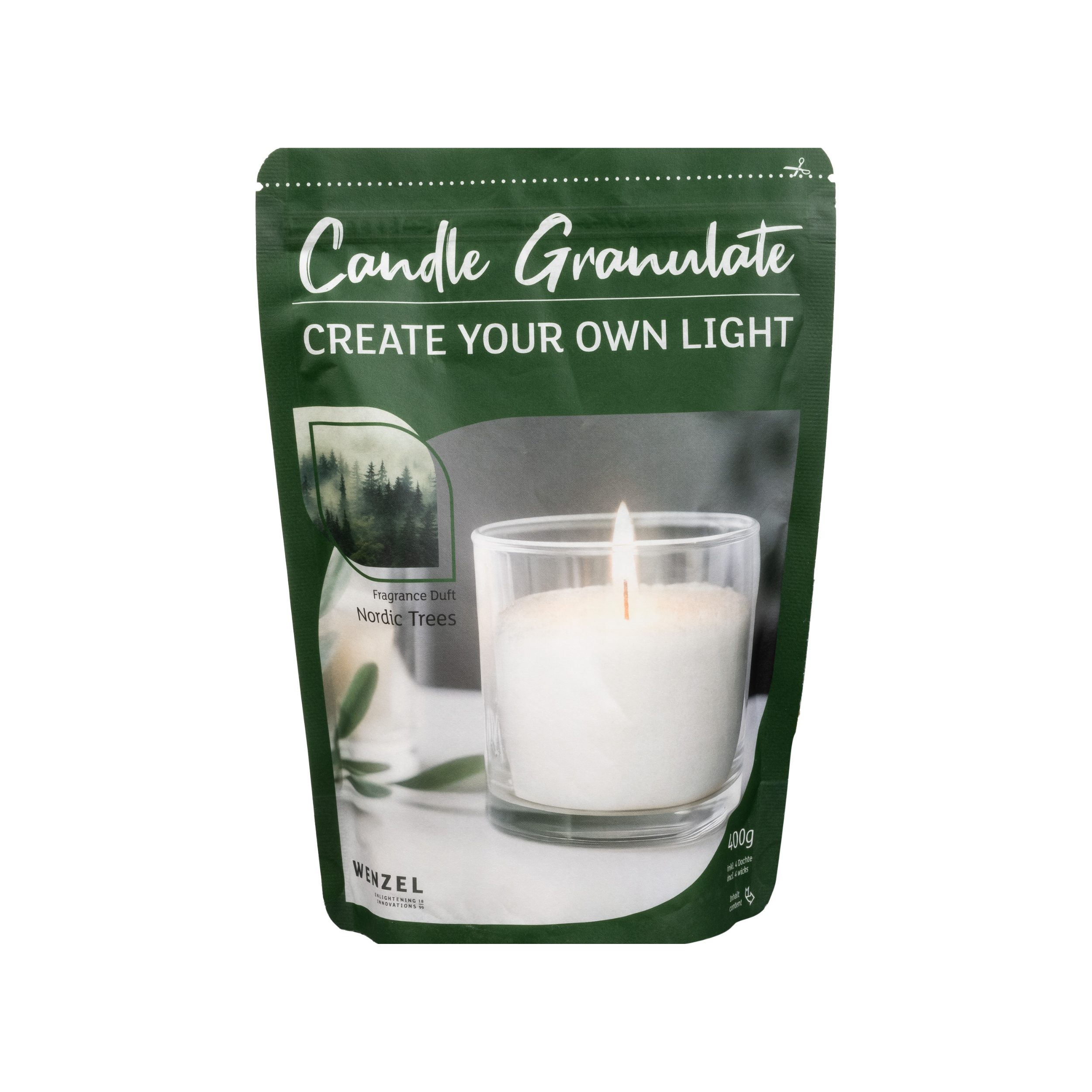 WENZEL Kerzengranulat 400 g Nordic Trees mit 4 Dochten, Kerzengranulat Nordic Trees 400g von WENZEL für DIY Kerzen, WENZEL Duft Kerzengranulat 400 g Nordic Trees zum Kerzen selber machen, Kerzengranulat 400 g Nordic Trees Set inklusive Docht und Halter, Detailaufnahme WENZEL Kerzengranulat Nordic Trees Wachsgranulat Struktur, DIY Kerzen im Glas mit WENZEL Kerzengranulat 400 g Nordic Trees, Kerzenzubehör WENZEL Kerzengranulat Nordic Trees 400g
