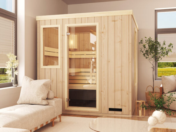 premium innensauna lena 4 eck, indoor sauna kaufen, innensauna für zuhause, innensauna innenraum holz, sauna indoor wellness, premium sauna wohnbereich, innensauna detailaufnahme, sauna holzverarbeitung, sauna 4 eck design, sauna innenbereich sitzplätze, ergonomische sauna bank, innensauna komfort
