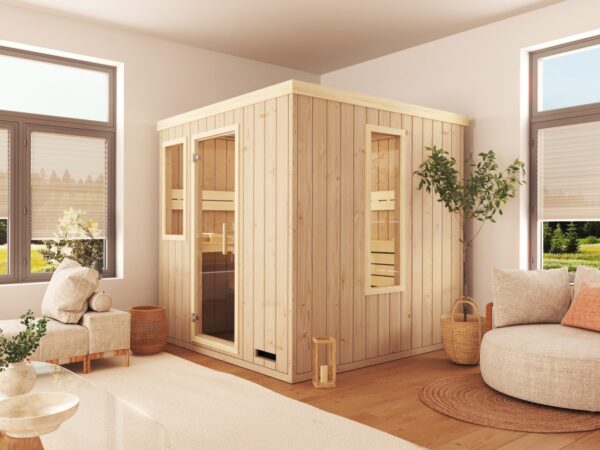 premium innensauna lena 4 eck, indoor sauna kaufen, innensauna für zuhause, innensauna innenraum holz, sauna indoor wellness, premium sauna wohnbereich, innensauna detailaufnahme, sauna holzverarbeitung, sauna 4 eck design, sauna innenbereich sitzplätze, ergonomische sauna bank, innensauna komfort