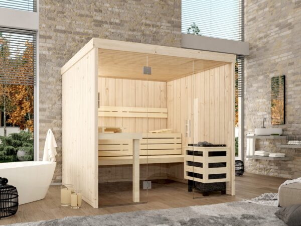 premium innensauna lena glasfront, indoor sauna mit glasfront, innensauna kaufen deutschland, innensauna glasfront innenraum, sauna indoor wellness, glasfront sauna komfort, innensauna große glasfront detail, sauna glass front design, premium sauna glasfront, innensauna sitzbank ergonomisch, sauna innenbereich sitze, relax innensauna