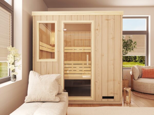 premium innensauna lena 4 eck, indoor sauna kaufen, innensauna für zuhause, innensauna innenraum holz, sauna indoor wellness, premium sauna wohnbereich, innensauna detailaufnahme, sauna holzverarbeitung, sauna 4 eck design, sauna innenbereich sitzplätze, ergonomische sauna bank, innensauna komfort