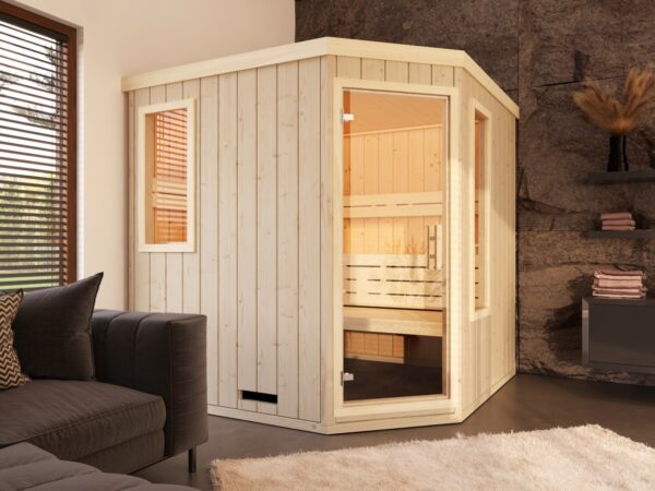 premium innensauna lena 5 eck, indoor sauna kaufen, innensauna für zuhause, innensauna innenraum holz, sauna indoor wellness, premium sauna wohnbereich, innensauna detailaufnahme, sauna holzverarbeitung, sauna 5 eck design, sauna innenbereich sitzplätze, ergonomische sauna bank, innensauna komfort