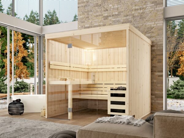 premium innensauna lena glasfront, indoor sauna mit glasfront, innensauna kaufen deutschland, innensauna glasfront innenraum, sauna indoor wellness, glasfront sauna komfort, innensauna große glasfront detail, sauna glass front design, premium sauna glasfront, innensauna sitzbank ergonomisch, sauna innenbereich sitze, relax innensauna