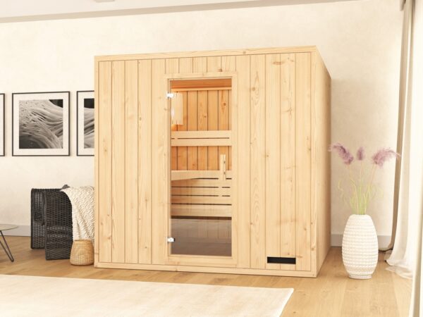 premium innensauna lena 4 eck, indoor sauna kaufen, innensauna für zuhause, innensauna innenraum holz, sauna indoor wellness, premium sauna wohnbereich, innensauna detailaufnahme, sauna holzverarbeitung, sauna 4 eck design, sauna innenbereich sitzplätze, ergonomische sauna bank, innensauna komfort