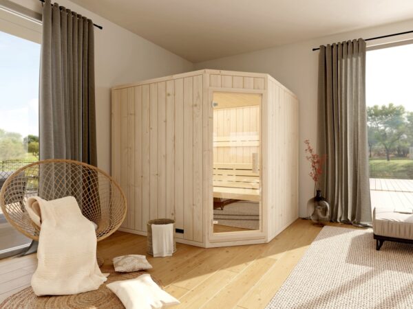 premium innensauna lena 5 eck, indoor sauna kaufen, innensauna für zuhause, innensauna innenraum holz, sauna indoor wellness, premium sauna wohnbereich, innensauna detailaufnahme, sauna holzverarbeitung, sauna 5 eck design, sauna innenbereich sitzplätze, ergonomische sauna bank, innensauna komfort