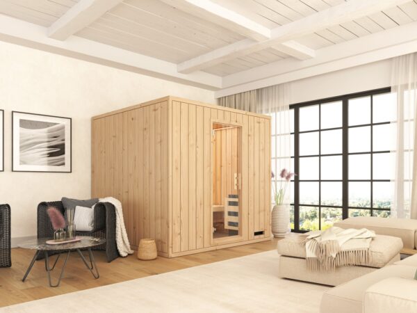premium innensauna lena 4 eck, indoor sauna kaufen, innensauna für zuhause, innensauna innenraum holz, sauna indoor wellness, premium sauna wohnbereich, innensauna detailaufnahme, sauna holzverarbeitung, sauna 4 eck design, sauna innenbereich sitzplätze, ergonomische sauna bank, innensauna komfort