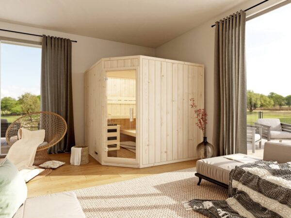 premium innensauna lena 5 eck, indoor sauna kaufen, innensauna für zuhause, innensauna innenraum holz, sauna indoor wellness, premium sauna wohnbereich, innensauna detailaufnahme, sauna holzverarbeitung, sauna 5 eck design, sauna innenbereich sitzplätze, ergonomische sauna bank, innensauna komfort