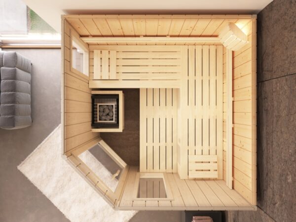 premium innensauna lena 5 eck, indoor sauna kaufen, innensauna für zuhause, innensauna innenraum holz, sauna indoor wellness, premium sauna wohnbereich, innensauna detailaufnahme, sauna holzverarbeitung, sauna 5 eck design, sauna innenbereich sitzplätze, ergonomische sauna bank, innensauna komfort