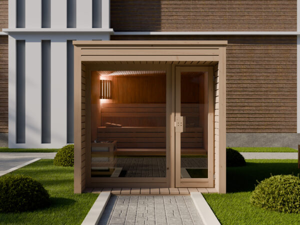 Moderne Gartensauna INA mit Panorama Glasfront und Holzverkleidung
