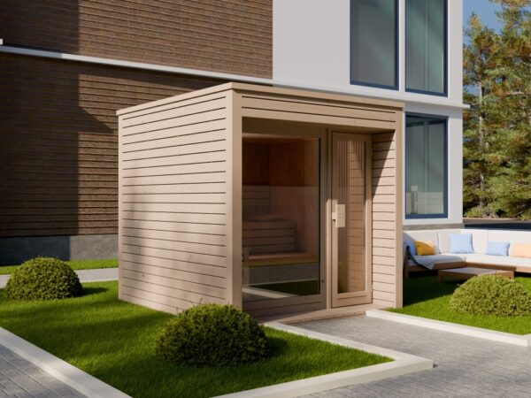 Gartensauna INA moderne Außensauna mit Glasfront im Garten