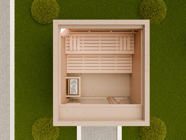 Moderne Außensauna INA Ansicht von oben im Garten mit Glasfront