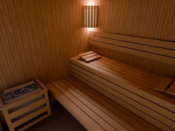 Innenraum der Gartensauna INA mit hochwertigen Saunabänken aus Holz