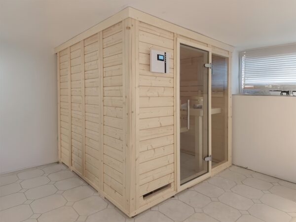 premium innensauna daniel massivholz, innensauna kaufen deutschland, blockbohlen sauna 45 mm, heimsauna polarfichte innenraum, sauna mit glastür innenbereich, massivholz sauna wohnraum