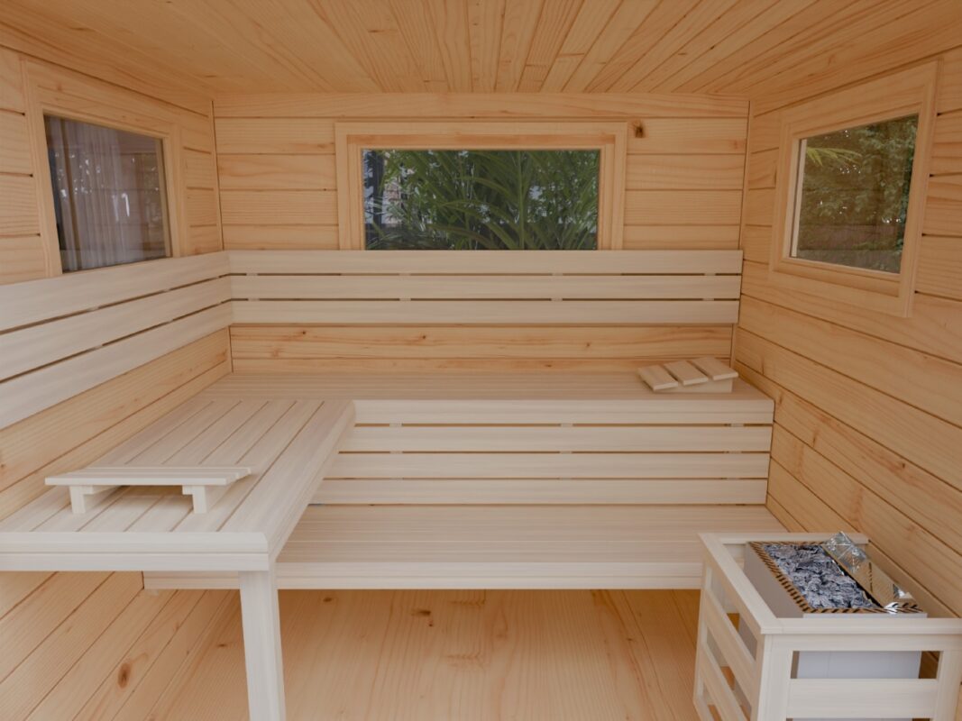 Innenraum der Gartensauna FRANCIS 4-Eck mit Saunabänken aus Holz