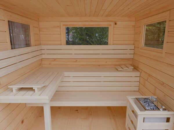 Innenraum der Gartensauna FRANCIS 4-Eck mit Saunabänken aus Holz