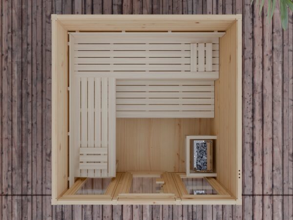 Saunaraum der FRANCIS 4-Eck Gartensauna mit Holzliegen