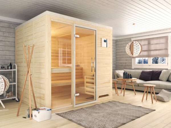 premium innensauna daniel massivholz, innensauna kaufen deutschland, blockbohlen sauna 45 mm, heimsauna polarfichte innenraum, sauna mit glastür innenbereich, massivholz sauna wohnraum