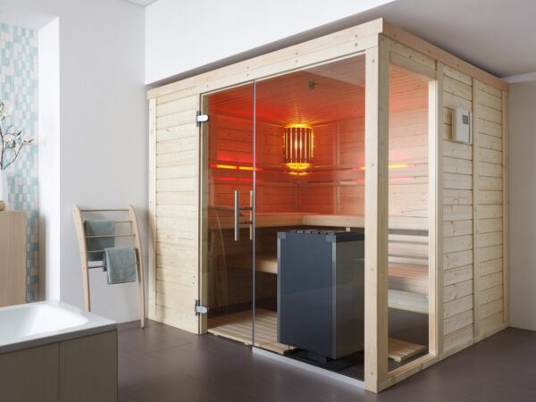 premium innensauna daniel massivholz, innensauna kaufen deutschland, blockbohlen sauna 45 mm, heimsauna polarfichte innenraum, sauna mit glastür innenbereich, massivholz sauna wohnraum