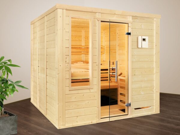 premium innensauna daniel massivholz, innensauna kaufen deutschland, blockbohlen sauna 45 mm, heimsauna polarfichte innenraum, sauna mit glastür innenbereich, massivholz sauna wohnraum