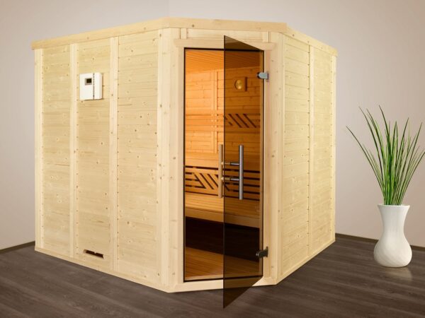premium innensauna daniel 5 eck, innensauna 5 eck massivholz, heimsauna indoor kaufen, sauna wohnraum design, blockbohlen sauna polarfichte, ergonomische saunaliege innenraum
