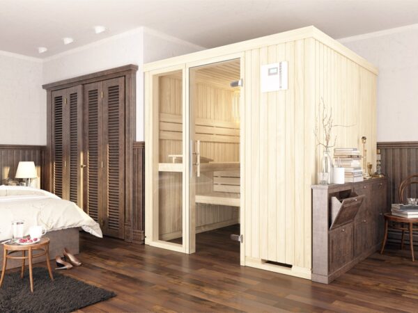 premium innensauna classic, massivholz sauna für zuhause, indoor sauna kaufen, sauna wohnraum design, classic heimsauna innenraum, sauna glastür ergonomisch