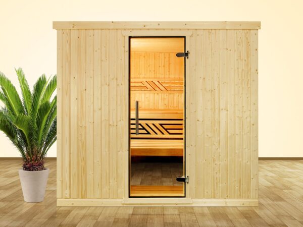 premium innensauna classic, massivholz sauna für zuhause, indoor sauna kaufen, sauna wohnraum design, classic heimsauna innenraum, sauna glastür ergonomisch