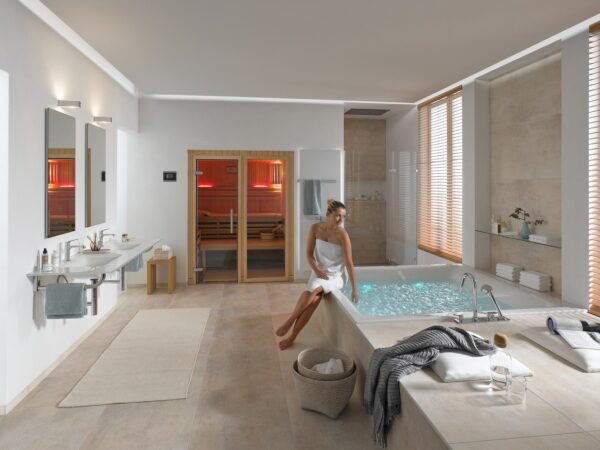 premium innensauna classic, massivholz sauna für zuhause, indoor sauna kaufen, sauna wohnraum design, classic heimsauna innenraum, sauna glastür ergonomisch