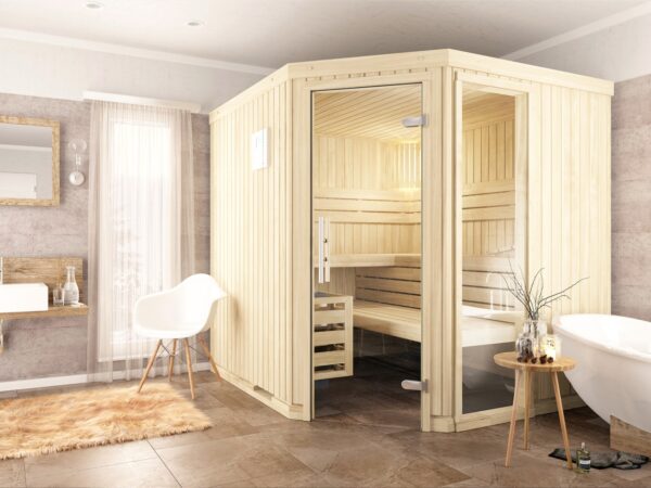 premium innensauna classic 5 eck eckeinstieg, innensauna 5 eck massivholz, heimsauna indoor kaufen, sauna wohnraum design, sauna glastür ergonomisch, blockbohlen sauna polarfichte innenraum