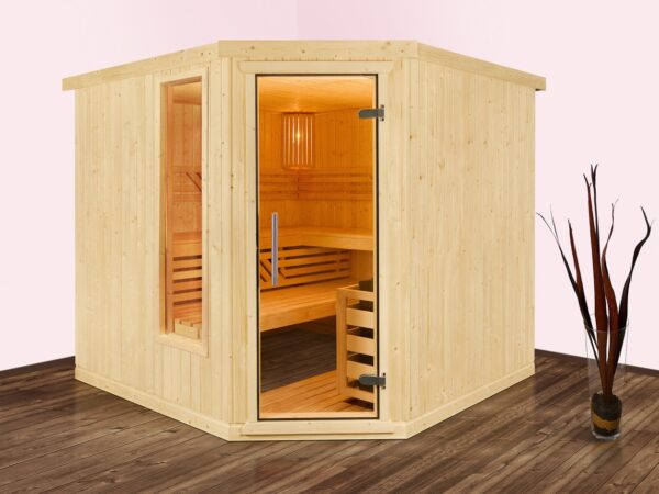 premium innensauna classic 5 eck eckeinstieg, innensauna 5 eck massivholz, heimsauna indoor kaufen, sauna wohnraum design, sauna glastür ergonomisch, blockbohlen sauna polarfichte innenraum