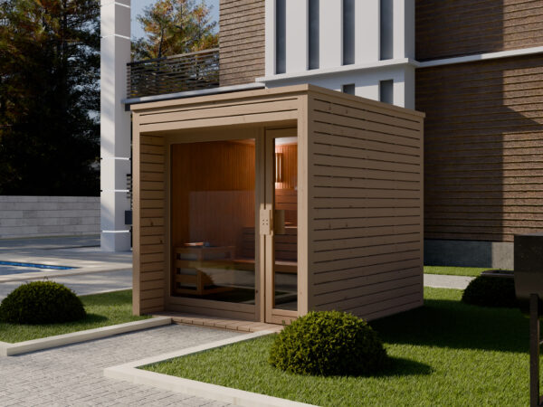 Gartensauna INA Design Außensauna mit großer Glasfront im Garten